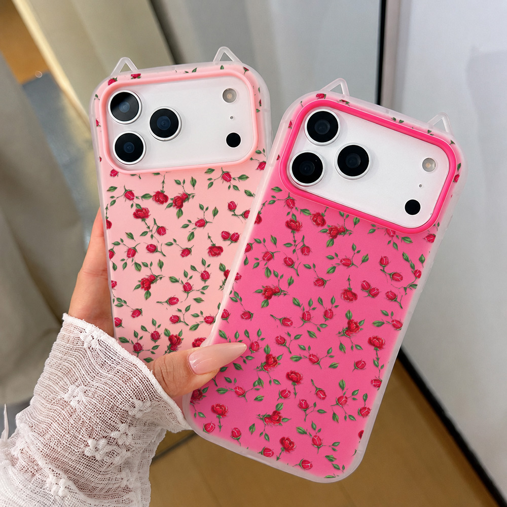 Phone Cases Cat - 赤いバラの花柄猫耳付きスマホケース iPhone 17 Pro Max 17
