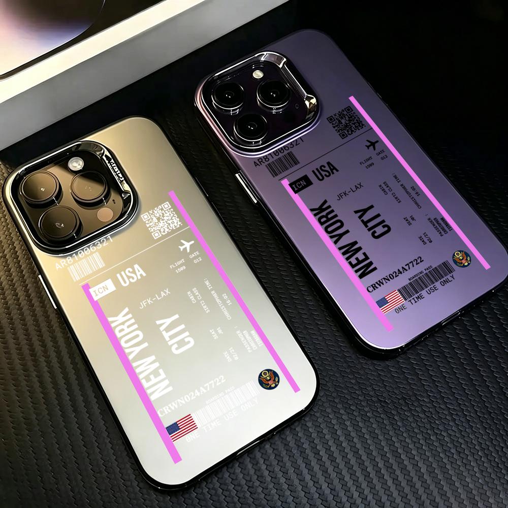 Phone Cases York - ニューヨークのフライトチケット柄 カラフルシルバーiPhoneケース iPhone 17/16/15/14/Pro Max対応、ユニバーサルマルチモデル