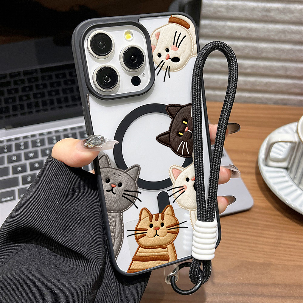Phone Cases Cat - 可愛いフェイク刺繍猫柄iPhoneケース iPhone 15 16 12 14